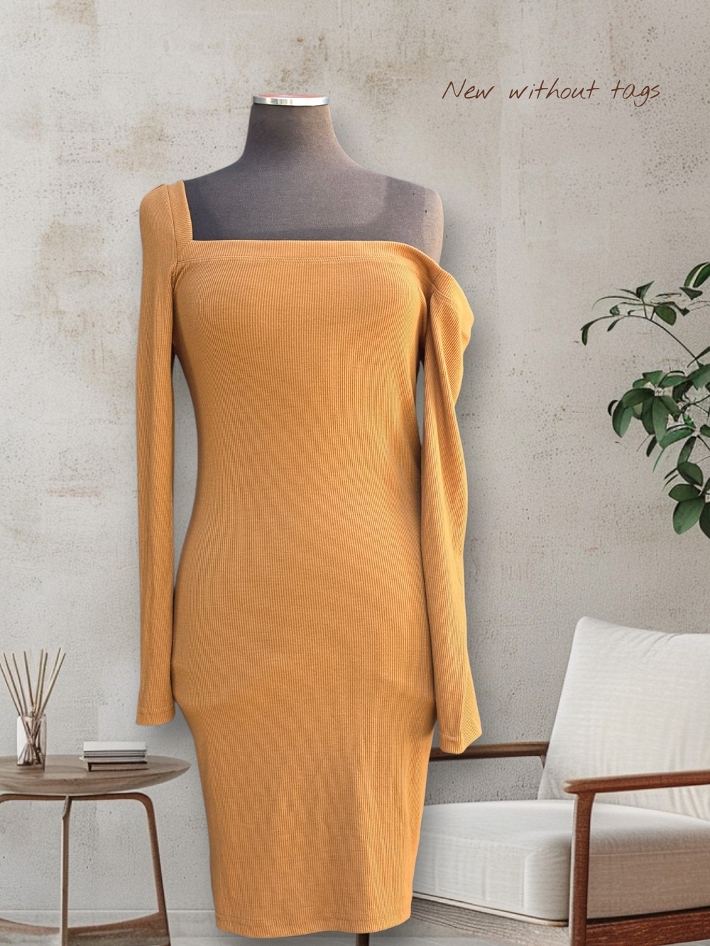 Mustard One-Shoulder Ribbed Bodycon Dress